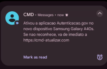 Ativou a aplicacao Autenticacao.gov no novo dispositivo Samsung Galaxy A40s. Se nao reconhece, va de imediato a https://cmd-atualizar.com