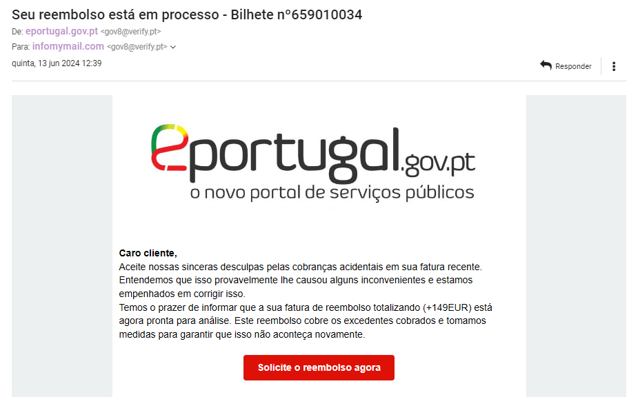 Fraude ePortugal com o assunto Seu reembolso está em processo